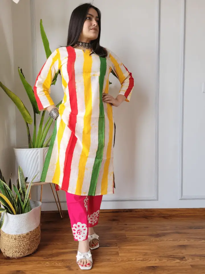 checked cotton long straight kurti with pink pants set hand crafted Bagru Jaipur SA Fab