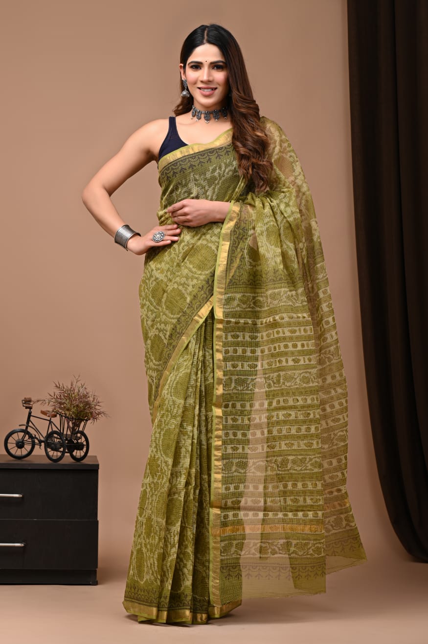 Ajrakh Printed Kota Doria Saree for Women