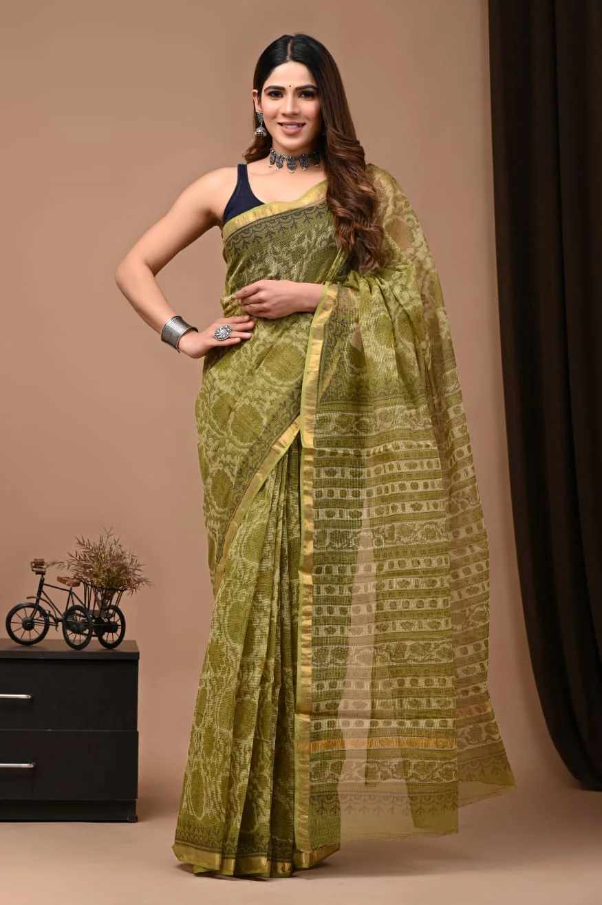 Ajrakh Printed Kota Doria Saree for Women