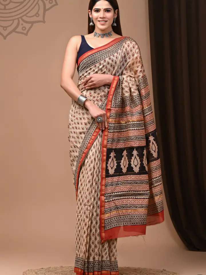 sandrift chanderi saree traditional motifs hand block printed Bagru Jaipur SA Fab with blouse