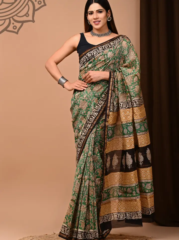beige floral chanderi saree hand block printed Bagru Jaipur SA Fab with blouse