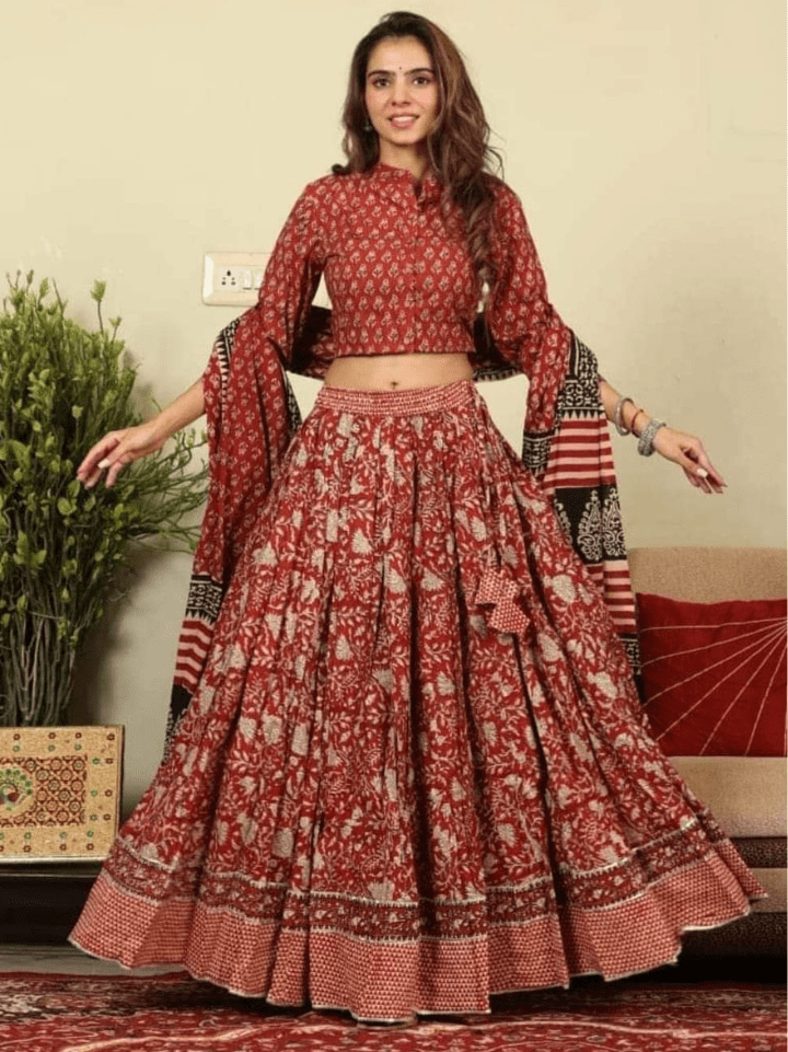 Red Color Crop Top Lehenga for Women