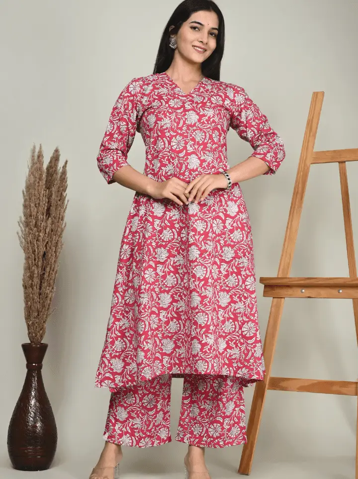 pink kurti with white floral print and white palazzo — pure cotton hand block printed Bagru Jaipur SA Fab