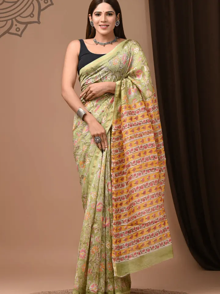 mustard floral chanderi silk saree hand block printed Bagru Jaipur SA Fab with blouse