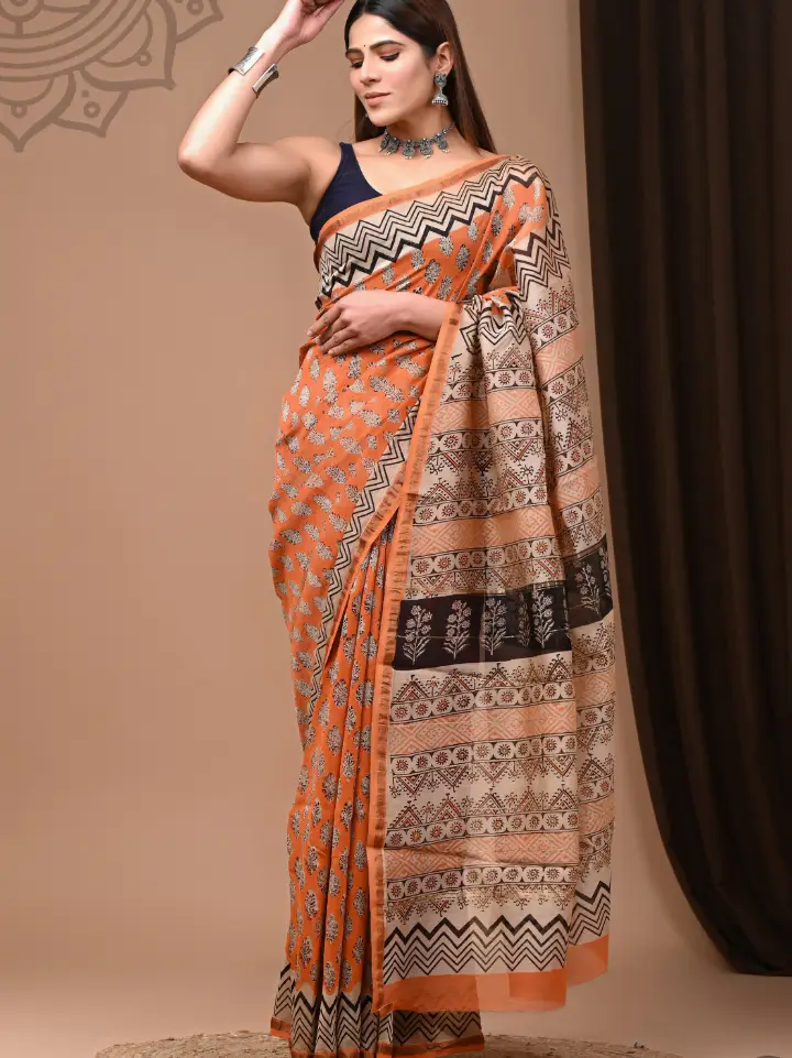 glossy coral chanderi silk saree traditional motif hand block printed Bagru Jaipur SA Fab with blouse