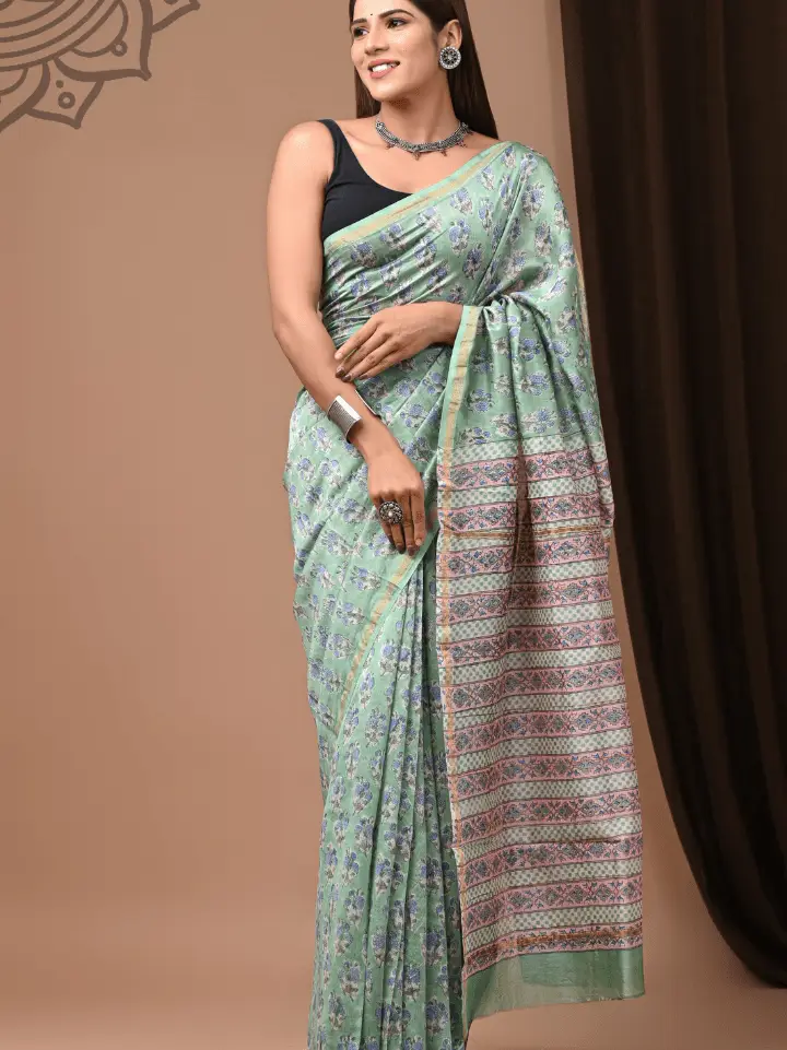 royal mint floral chanderi handloom saree hand block printed Bagru Jaipur SA Fab with blouse