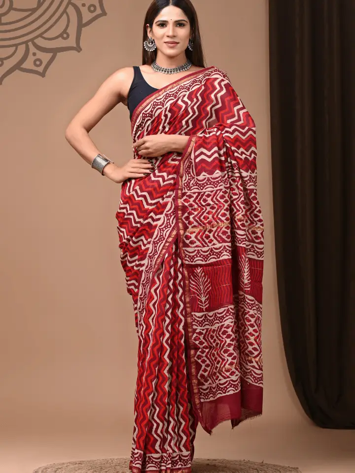 natural red chanderi saree white zigzag print hand block printed Bagru Jaipur SA Fab with blouse