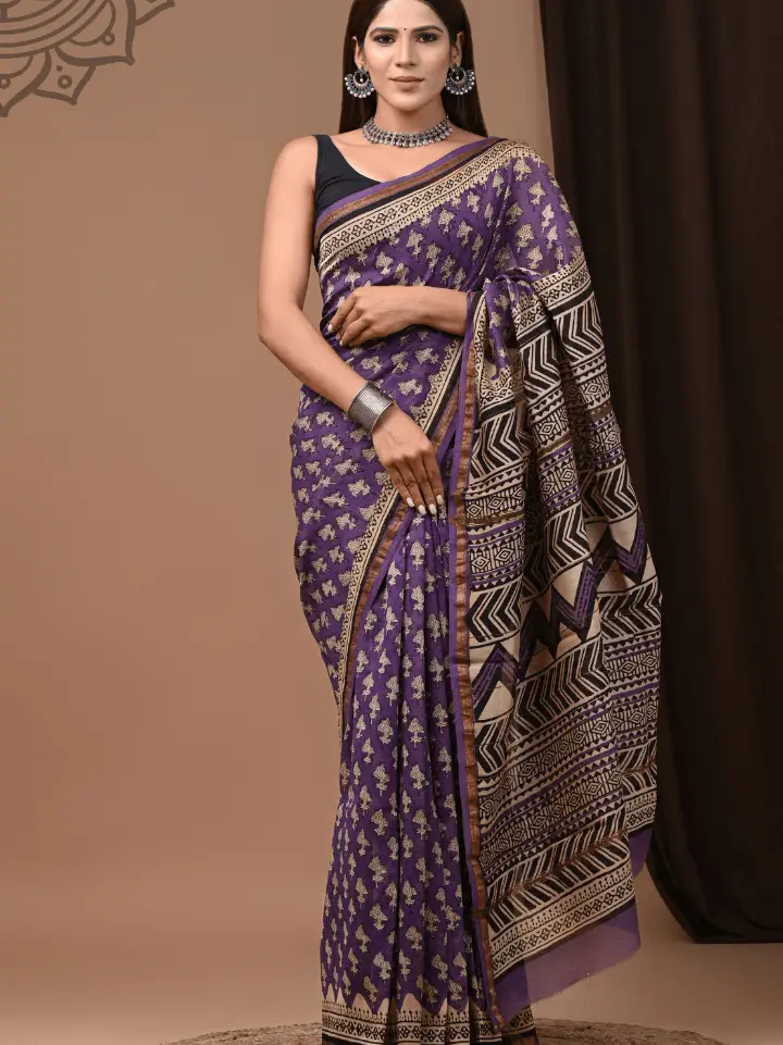 purple chanderi cotton saree traditional block print hand crafted Bagru Jaipur SA Fab with blouse
