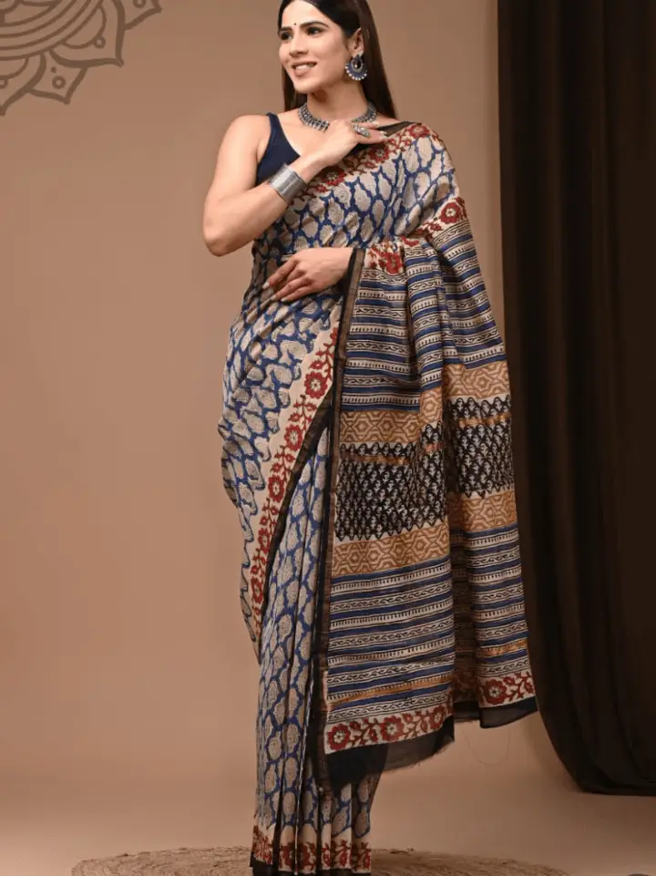 dark silvery blue chanderi saree traditional motif print hand block printed Bagru Jaipur SA Fab with blouse