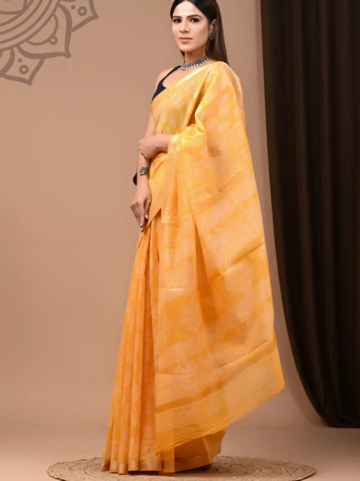 yellow chanderi saree traditional motifs pure hand block printed Bagru Jaipur SA Fab with blouse
