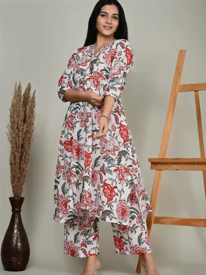 natural white jungle print kurti with palazzo — pure cotton hand block printed Bagru Jaipur SA Fab