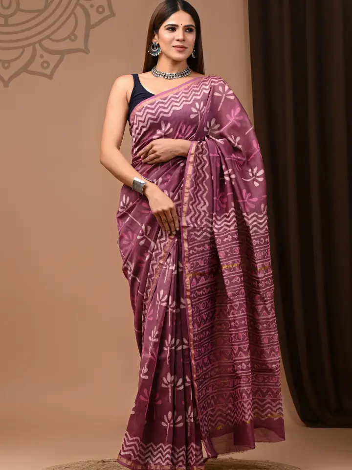 deep puce floral chanderi cotton saree hand block printed Bagru Jaipur SA Fab with blouse