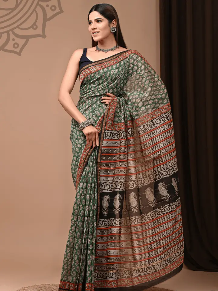 tropical green chanderi wedding saree traditional motif print hand block printed Bagru Jaipur SA Fab with blouse