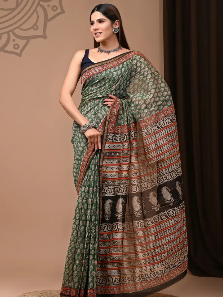dark olive brown chanderi cotton silk saree traditional motifs hand block printed Bagru Jaipur SA Fab with blouse