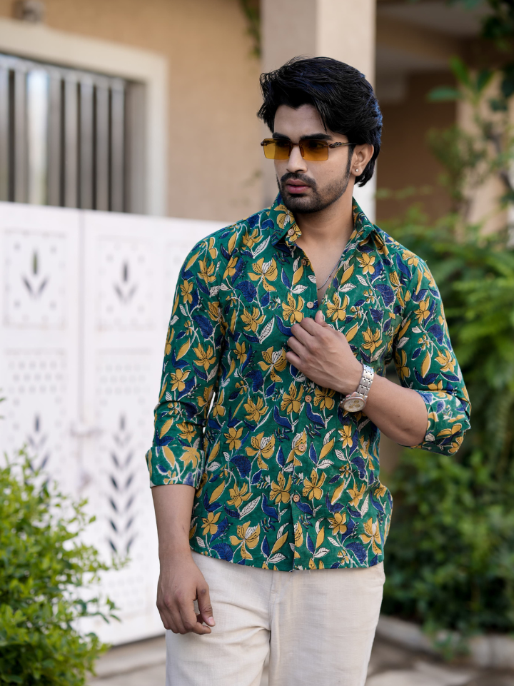 Rich green tropical floral branded printed shirts for men โ pure cotton full sleeve hand block printed Bagru SA Fab