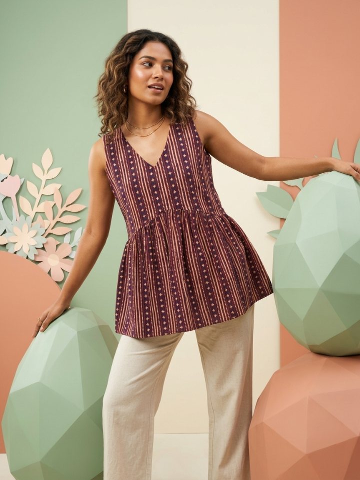 Warm earthy geometric womens sleeveless tops — pure cotton hand block printed Bagru SA Fab