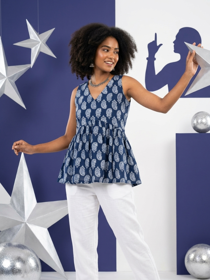 Blue floral hot sleeveless tops — pure cotton hand block printed Bagru SA Fab