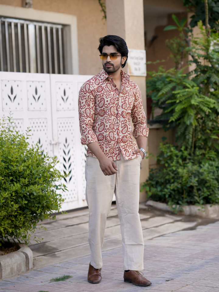 Soft peach swirling print branded shirts for men โ pure cotton full sleeve hand block printed Bagru SA Fab