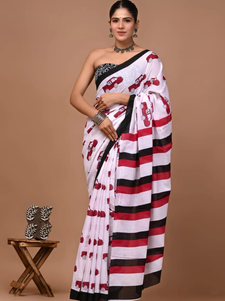 White pure cotton hand block printed taxi print saree with black border – Bagru Jaipur | SA Fab