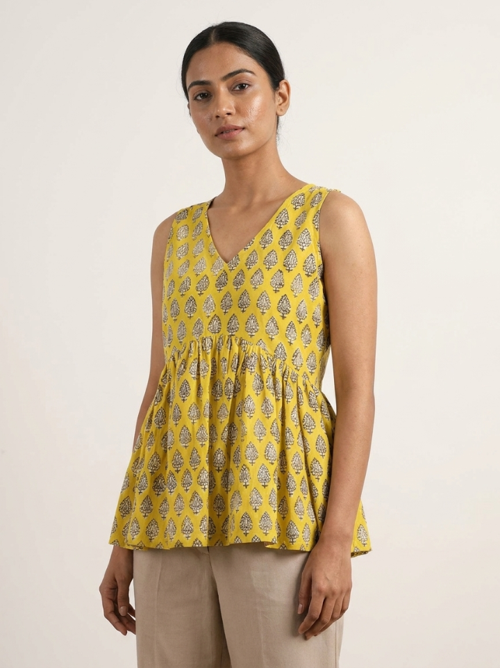 Mustard yellow grey leaf flared cotton sleeveless tops — pure cotton hand block printed Bagru SA Fab