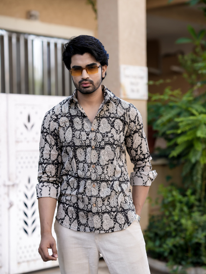 Muted earthy beige cotton printed shirts for men — pure cotton full sleeve hand block printed Bagru SA Fab