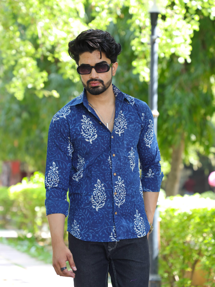Indigo white motif blue shirt for men — pure cotton full sleeve hand block printed Bagru SA Fab