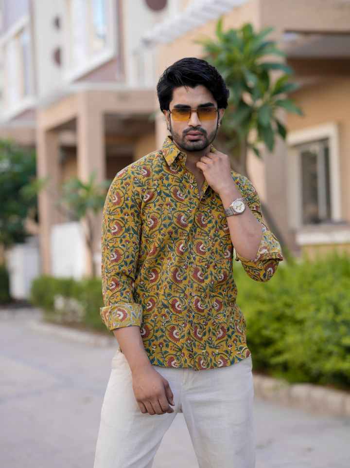 Vibrant mustard paisley party wear shirts for men โ pure cotton full sleeve hand block printed Bagru SA Fab