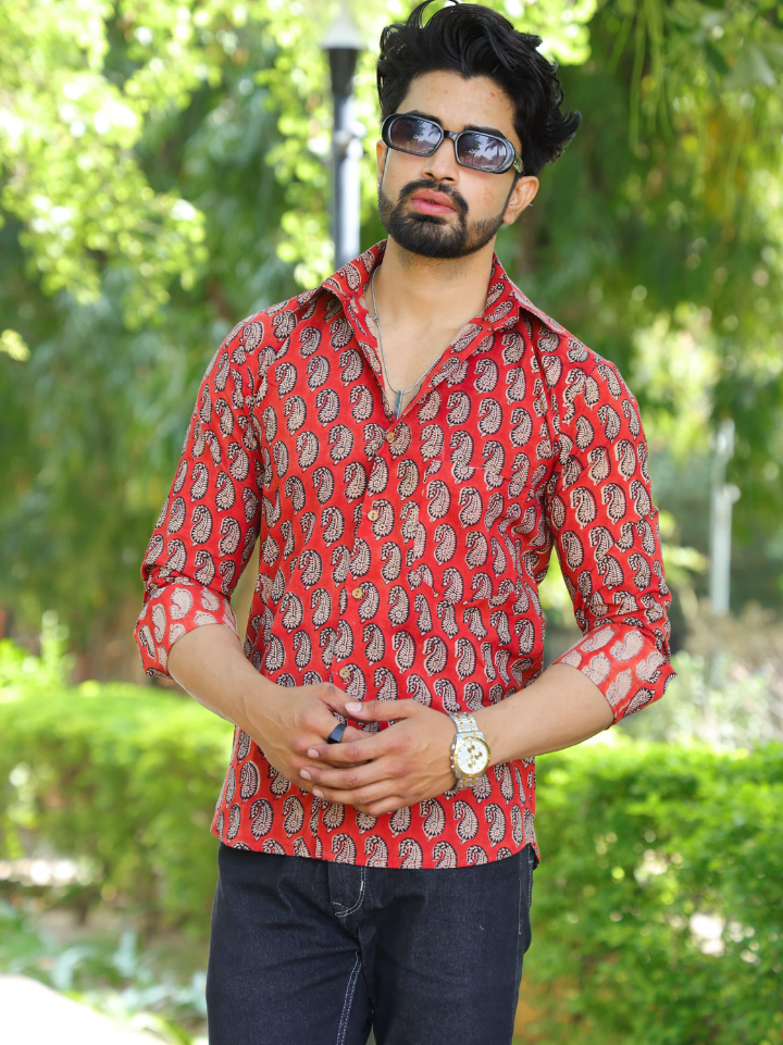 Vibrant red motif red printed shirt for men โ pure cotton full sleeve hand block printed Bagru SA Fab