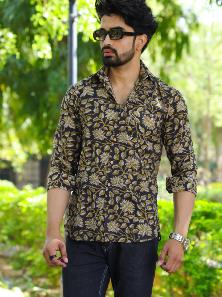 Rich charcoal mustard floral printed shirts for men full sleeve โ pure cotton hand block printed Bagru SA Fab