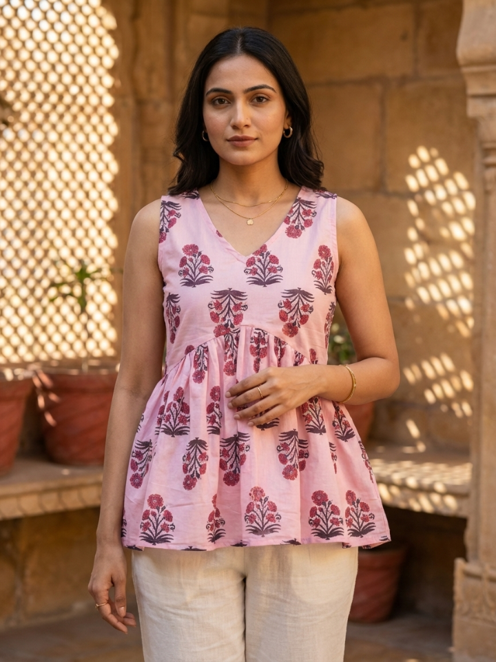 Crisp white motif print white sleeveless top — pure cotton hand block printed Bagru SA Fab