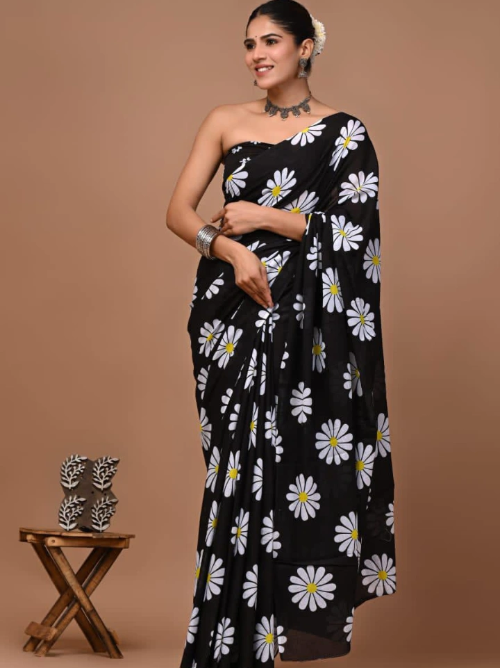 Black floral hand block printed pure cotton saree – Bagru Jaipur Rajasthan | SA Fab