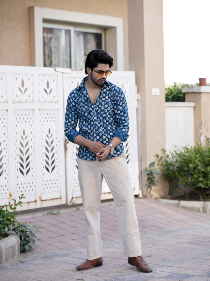 Deep blue geometric navy blue printed shirt for men โ pure cotton full sleeve hand block printed Bagru SA Fab