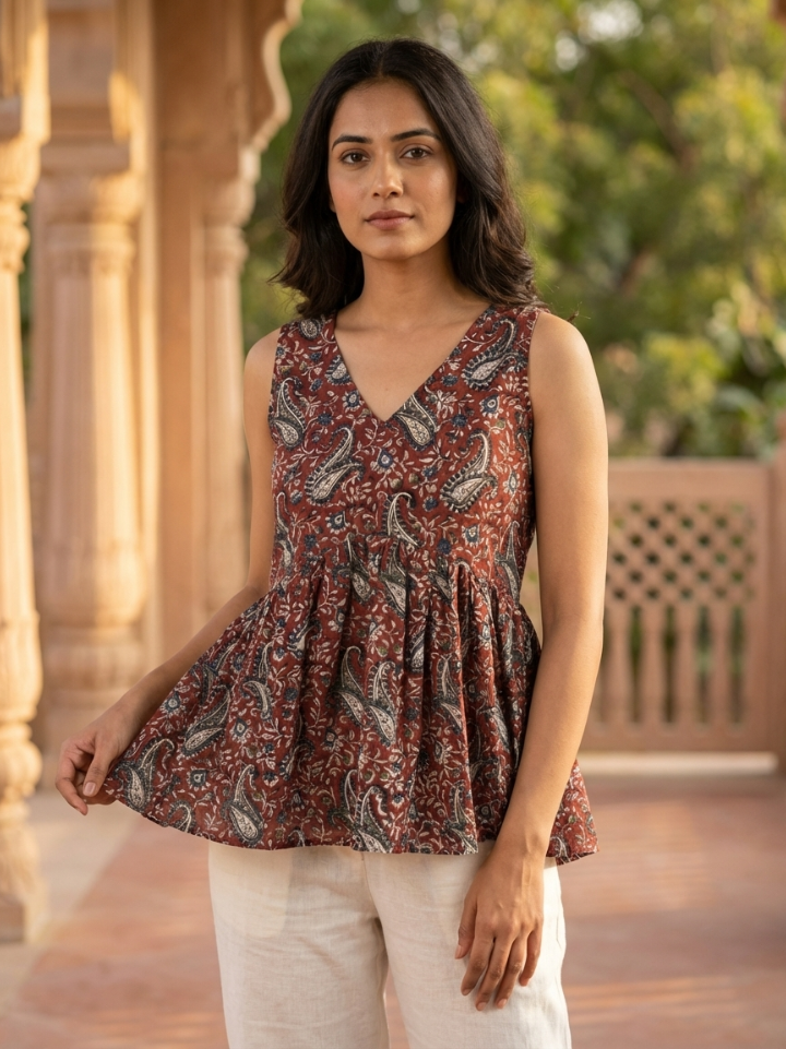 Rich rust paisley red sleeveless top — pure cotton hand block printed Bagru SA Fab