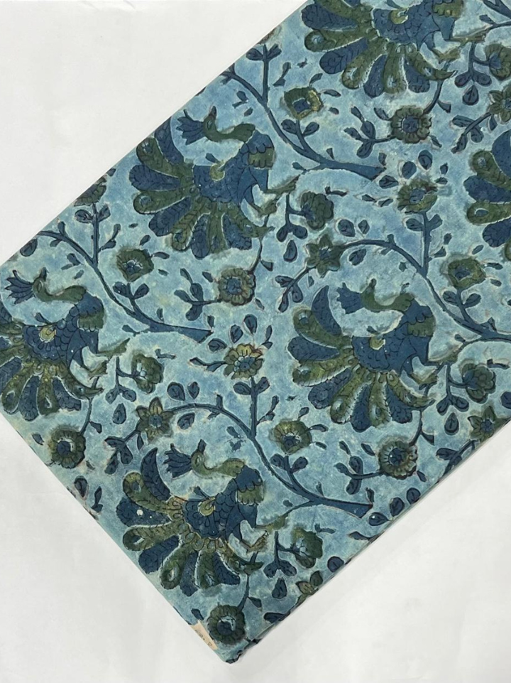 Powder blue botanical ajrakh print fabric online — pure cotton 10 metre roll hand block printed Bagru SA Fab