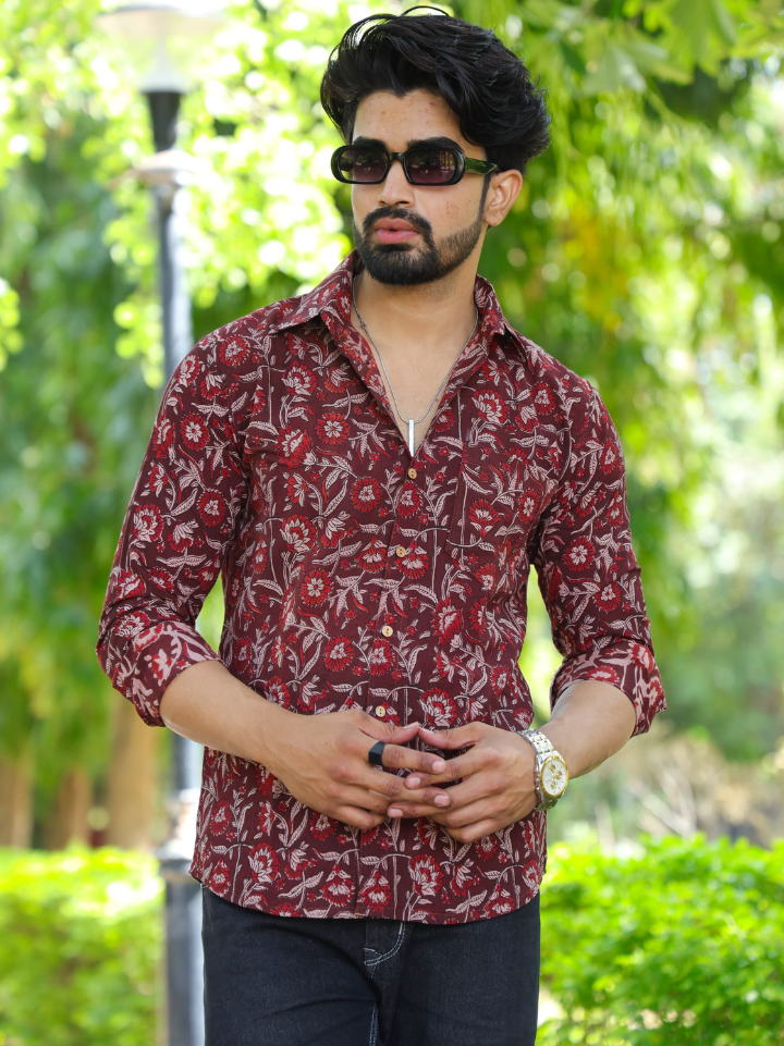 Rich maroon floral stylish printed shirts for men โ pure cotton full sleeve hand block printed Bagru SA Fab