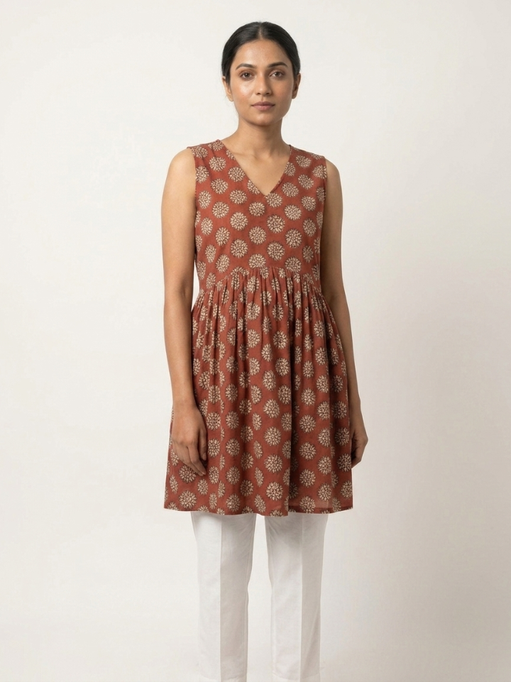 Earthy terracotta motif ladies sleeveless tops — pure cotton hand block printed Bagru SA Fab