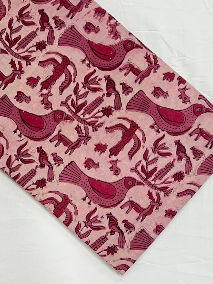Dusty pink stylized bird Ajrakh print fabric manufacturers — pure cotton 10 metre roll hand block printed Bagru SA Fab