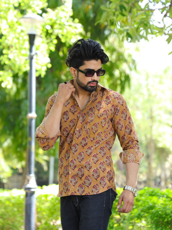 Warm ochre maroon motif formal printed shirts for men โ pure cotton full sleeve hand block printed Bagru SA Fab