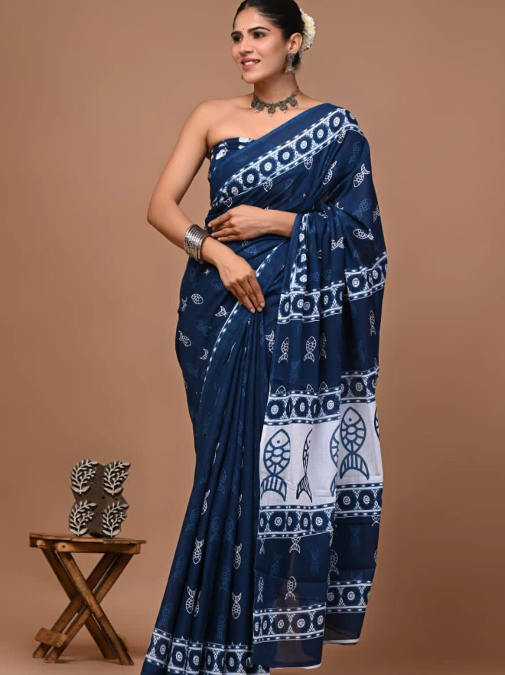 Indigo fish motif hand block printed pure cotton saree – Bagru Jaipur Rajasthan | SA Fab