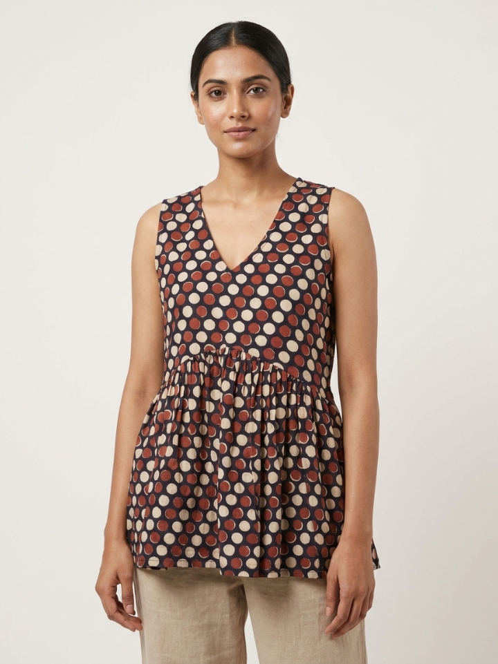 Dark geometric dot pure cotton sleeveless crop top style — hand block printed Bagru SA Fab