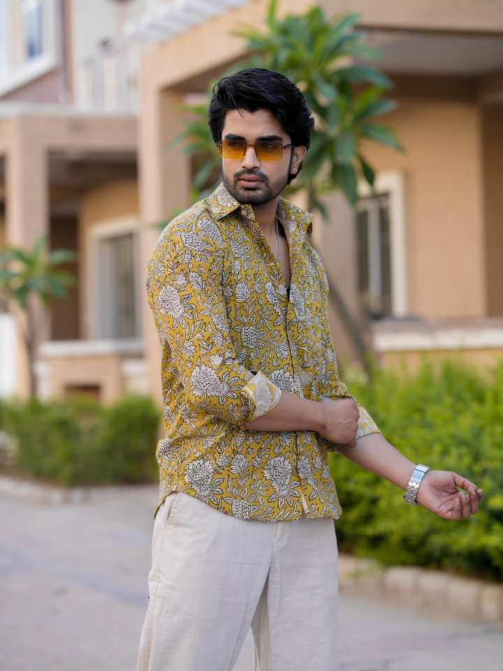 Mustard yellow ivory floral printed cotton shirt for men — pure cotton full sleeve hand block printed Bagru SA Fab