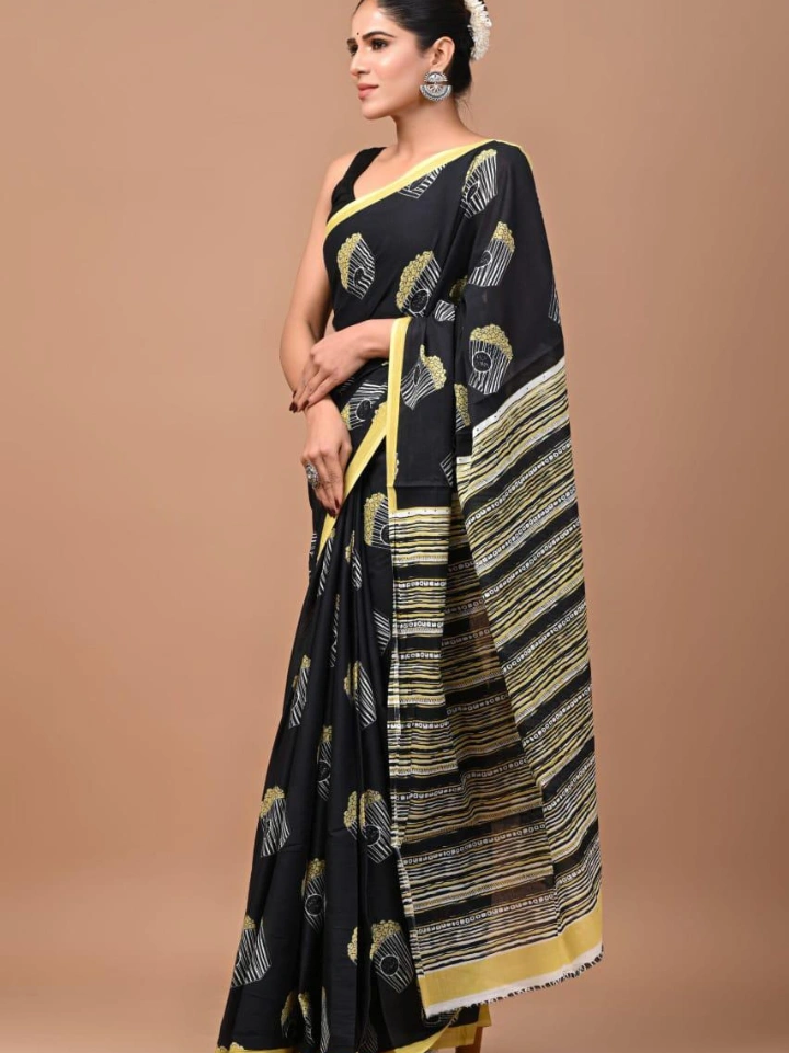 Black popcorn tub motif hand block printed mulmul cotton saree – Bagru Jaipur Rajasthan | SA Fab