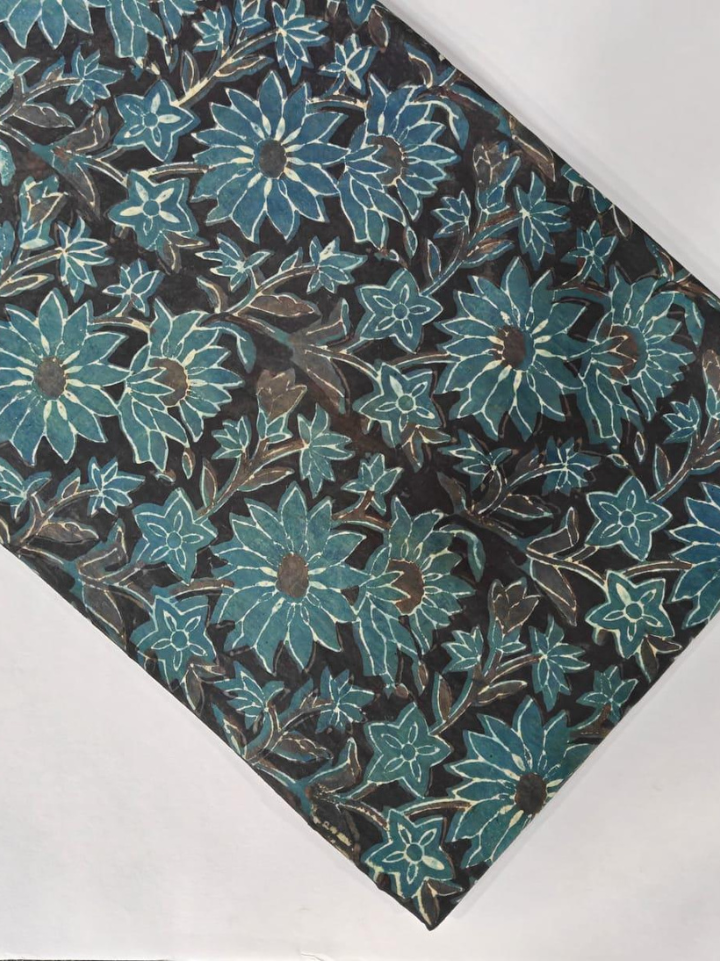 Dark charcoal teal floral ajrakh print cotton fabric — pure cotton 10 metre roll hand block printed Bagru SA Fab