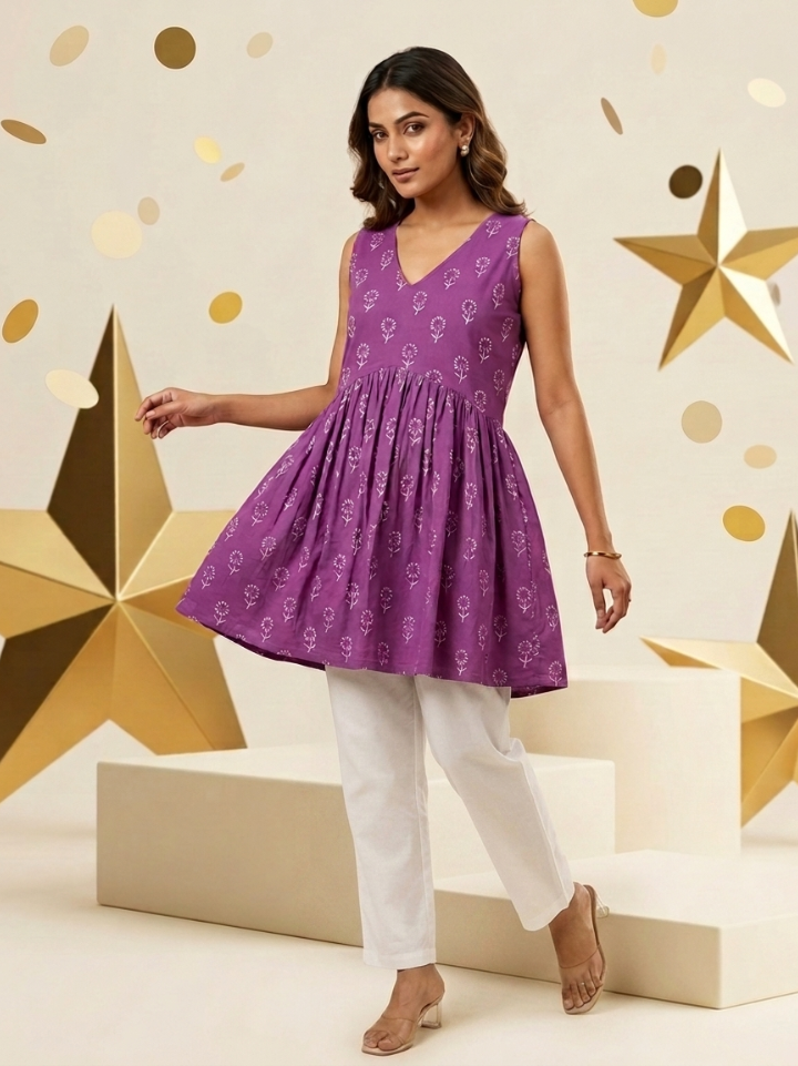 Vibrant purple floral sleeveless tops — pure cotton hand block printed Bagru SA Fab