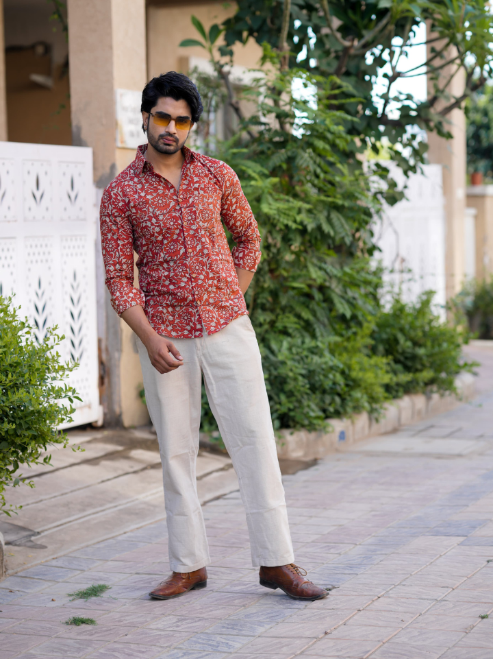 Rich rust red floral party wear printed shirts for men โ pure cotton full sleeve hand block printed Bagru SA Fab
