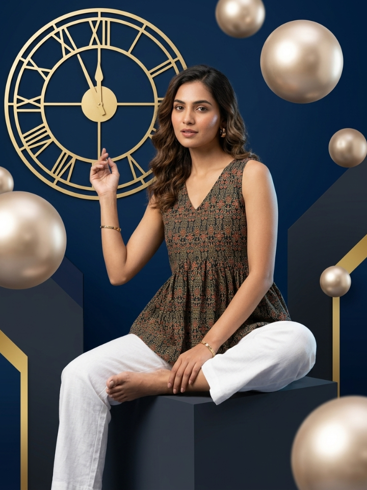 Earthy brown geometric sleeveless tops for girls — pure cotton hand block printed Bagru SA Fab