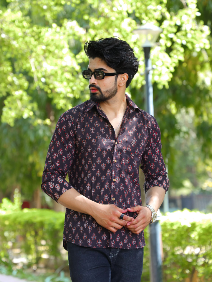 Rich black micro print black shirt for men printed โ pure cotton full sleeve hand block printed Bagru SA Fab