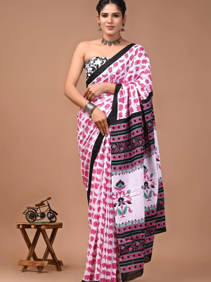 White pure cotton hand block printed saree with pink elephant motifs and black border – Bagru Jaipur | SA Fab