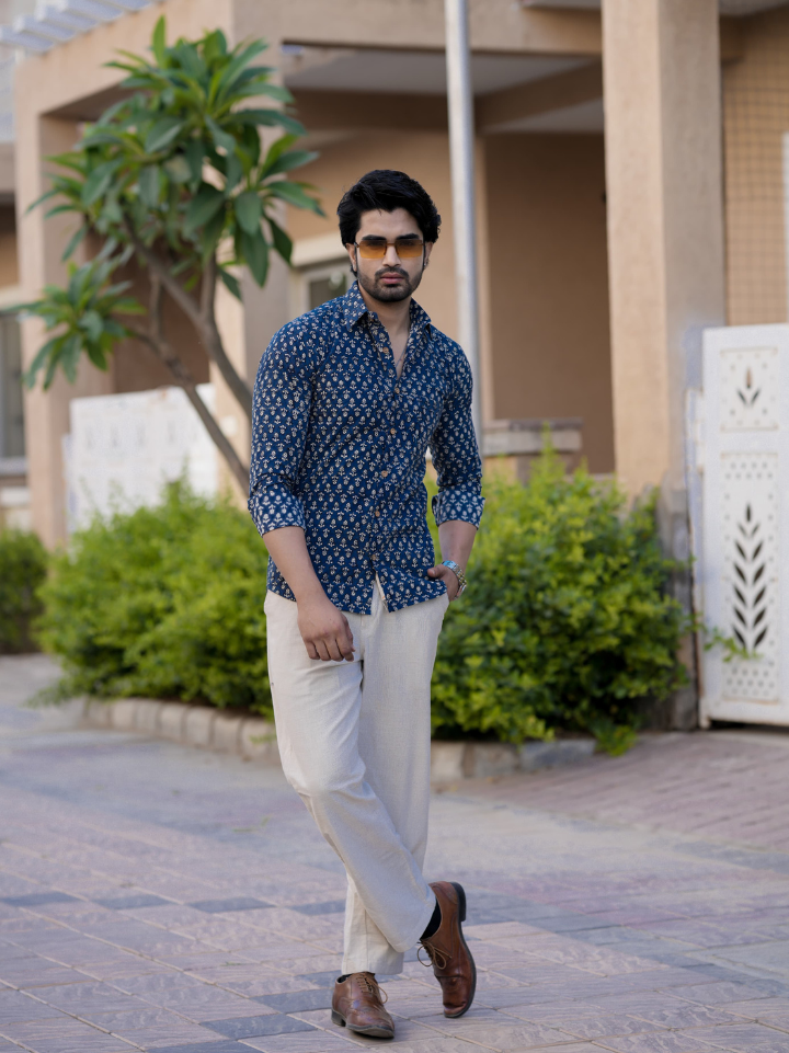 Deep navy geometric blue printed shirt for men — pure cotton full sleeve hand block printed Bagru SA Fab