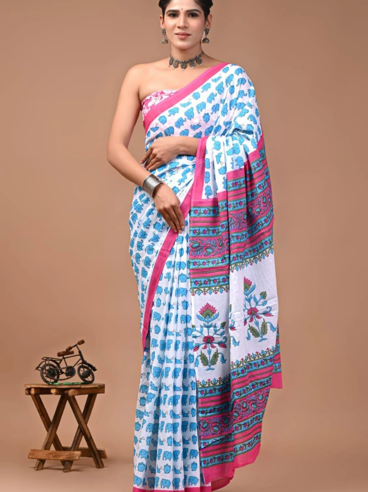White pure cotton hand block printed elephant print saree with pink border – Bagru Jaipur | SA Fab